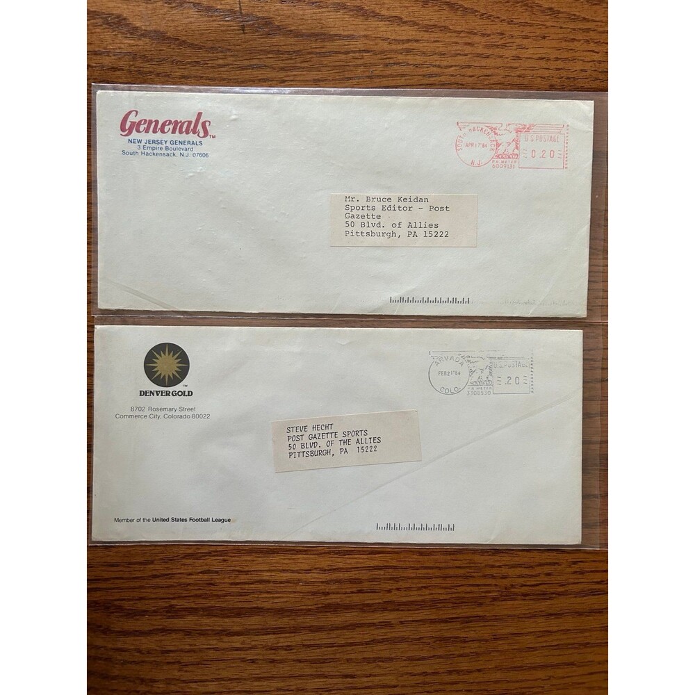 Rare USFL lot of 2 press release envelopes 1984 Denver Gold New Jersey Generals
